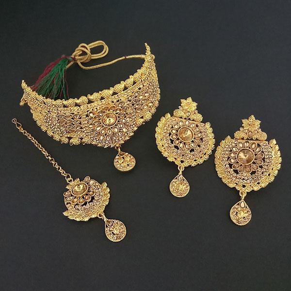 Kriaa Brown Stone Choker Necklace Set With Maang Tikka - 1113644