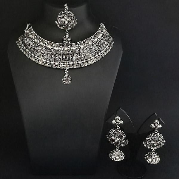 Jeweljunk Austrian Stone Oxidised Choker Necklace Set With Maang Tikka - 1113653