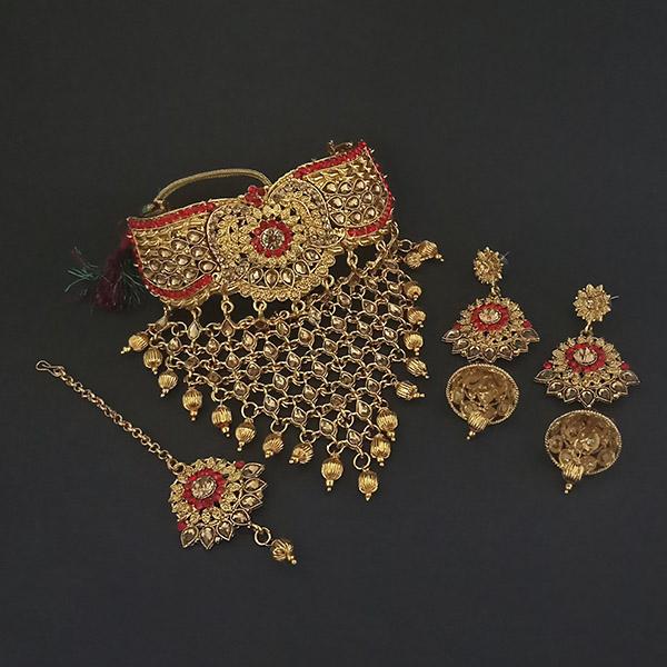 Kriaa Red Austrian Stone Choker Necklace Set With Maang Tikka - 1113657
