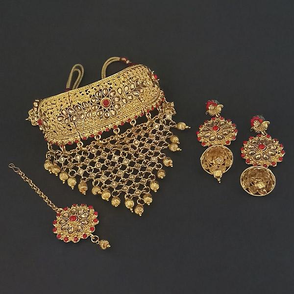 Kriaa Red Austrian Stone Choker Necklace Set With Maang Tikka - 1113658