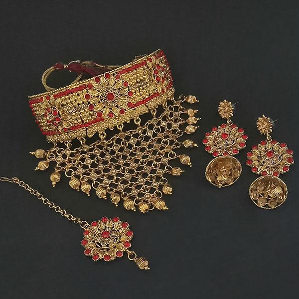 Kriaa Red Austrian Stone Choker Necklace Set With Maang Tikka - 1113659