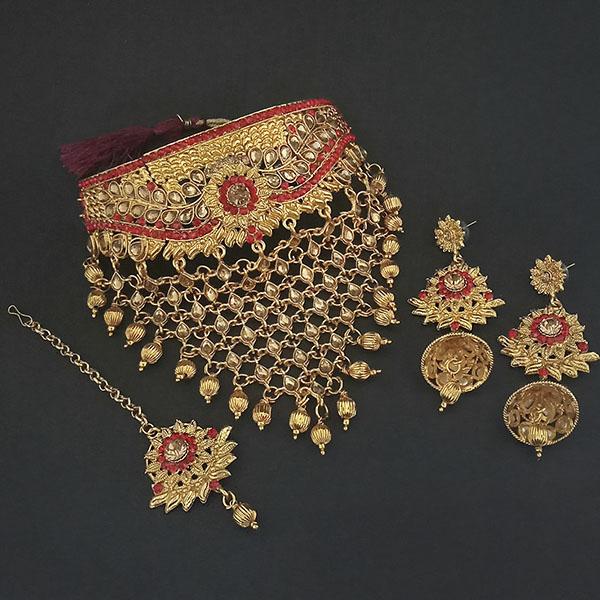 Kriaa Red Austrian Stone Choker Necklace Set With Maang Tikka - 1113660