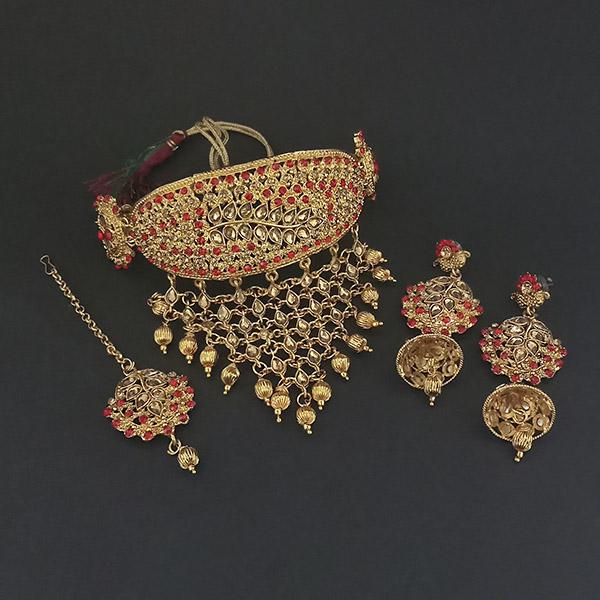 Kriaa Red Austrian Stone Choker Necklace Set With Maang Tikka - 1113661