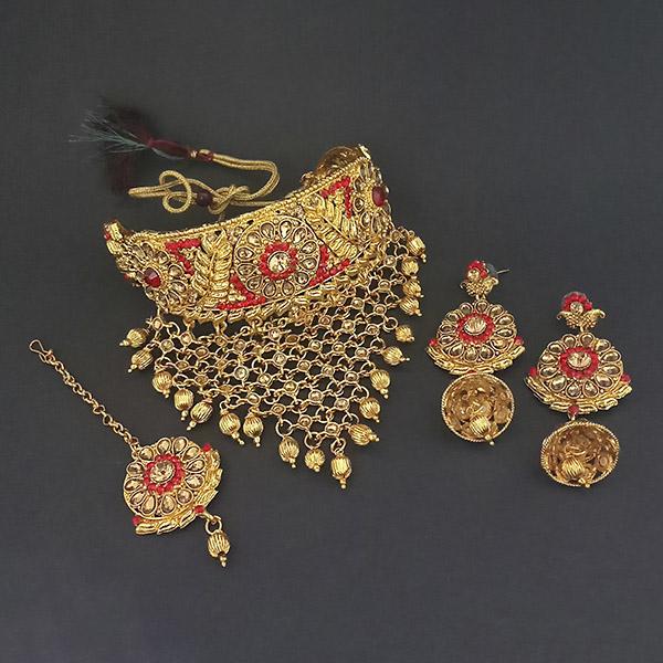 Kriaa Red Austrian Stone Choker Necklace Set With Maang Tikka - 1113662