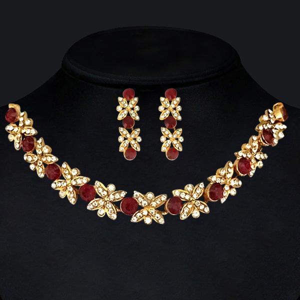 Kriaa Gold Plated Maroon Austrian Stone Necklace Set - 1101120