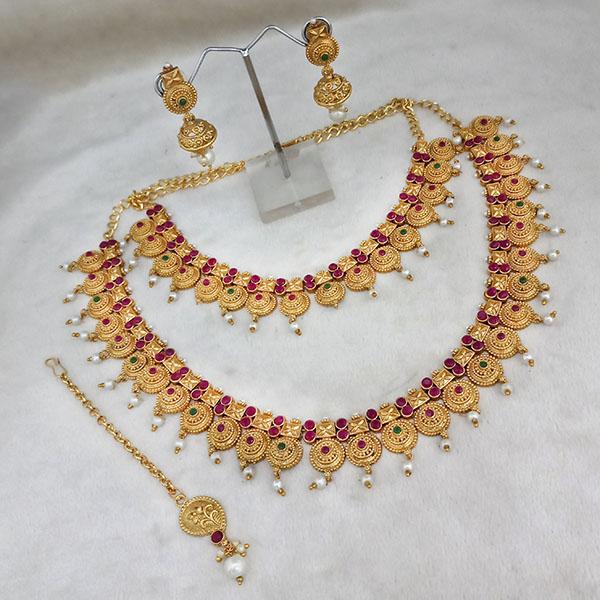 Kriaa Maroon And Green Stone Double Gold Plated Necklace Set - 1113738B