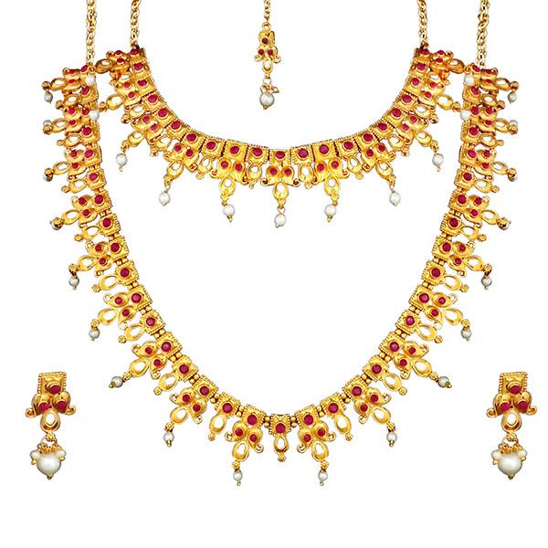 Kriaa Maroon And Green Stone Double Gold Plated Necklace Set - 1113738B
