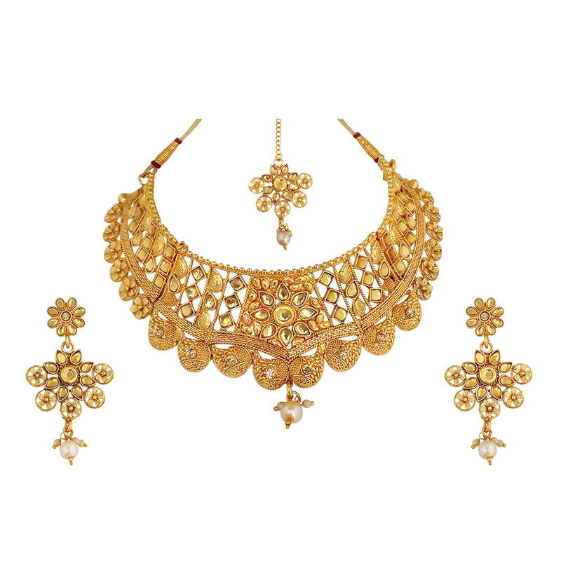 Kriaa Gold Plated Brown Austrian Stone Choker Necklace Sets with maang Tikka
