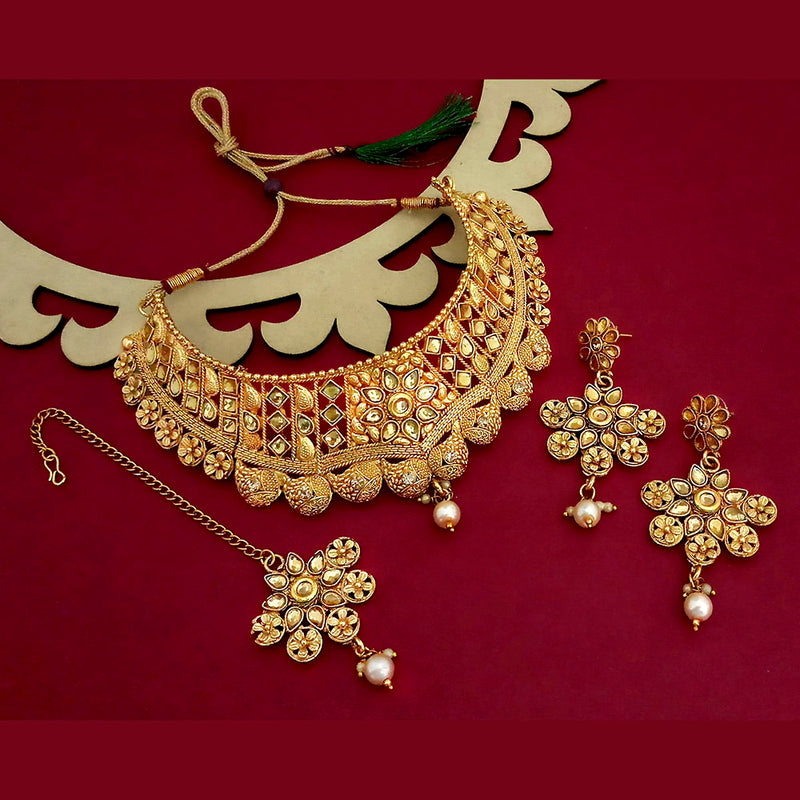 Kriaa Gold Plated Brown Austrian Stone Choker Necklace Sets with maang Tikka