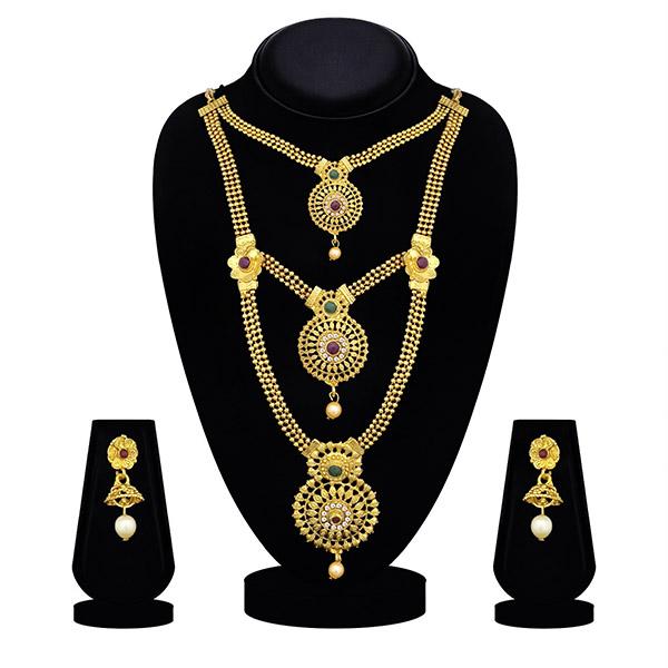 Kriaa Gold Plated Maroon And Green Stone Three layer Necklace Set - 1114008B