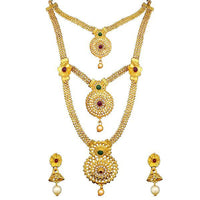 Kriaa Gold Plated Maroon And Green Stone Three layer Necklace Set - 1114008B