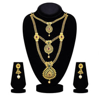 Kriaa Gold Plated Maroon And Green Stone Three layer Necklace Set - 1114009A