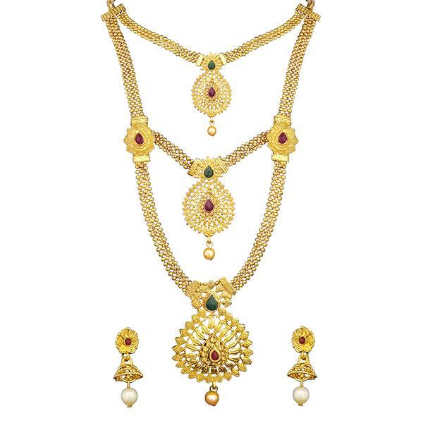 Kriaa Gold Plated Maroon And Green Stone Three layer Necklace Set - 1114009A