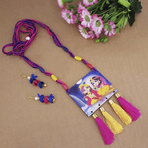 Urthn Lord Radha Krishna Digital Printed Wooden Thread Necklace Set - 1114125