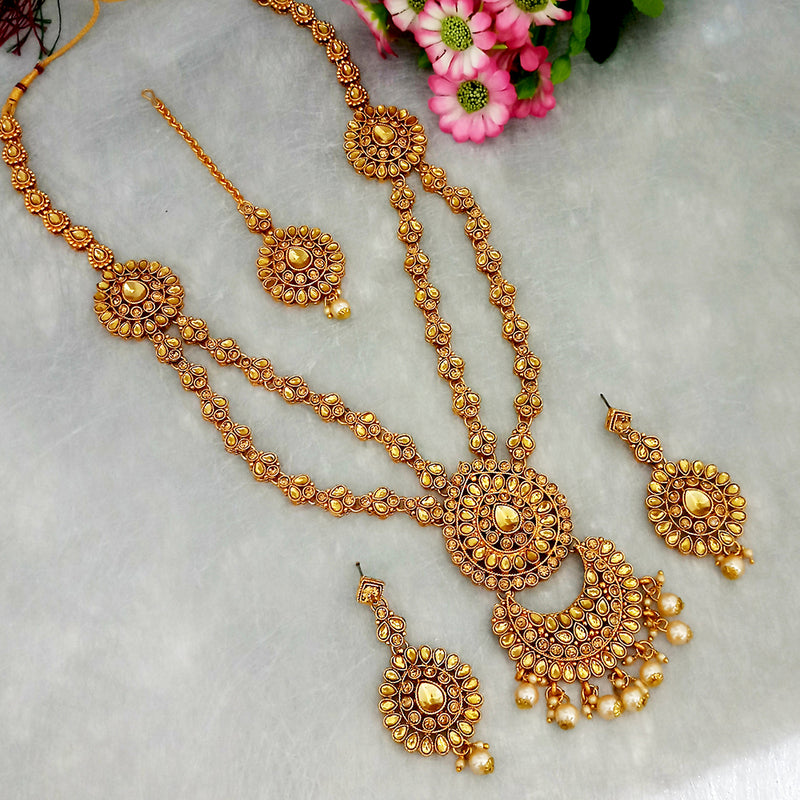 Kriaa Gold Plated Double Chain Stone Necklace Set With Maang Tikka
