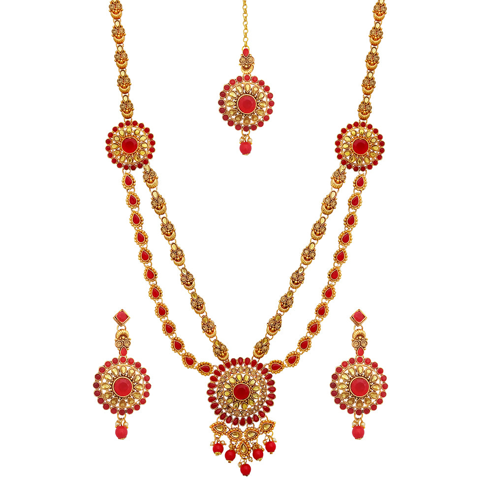 Kriaa Gold Plated Double Chain Red Stone Necklace Set With Maang Tikka