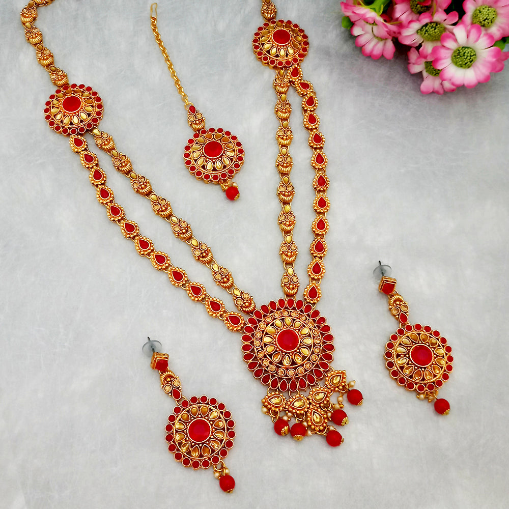 Kriaa Gold Plated Double Chain Red Stone Necklace Set With Maang Tikka