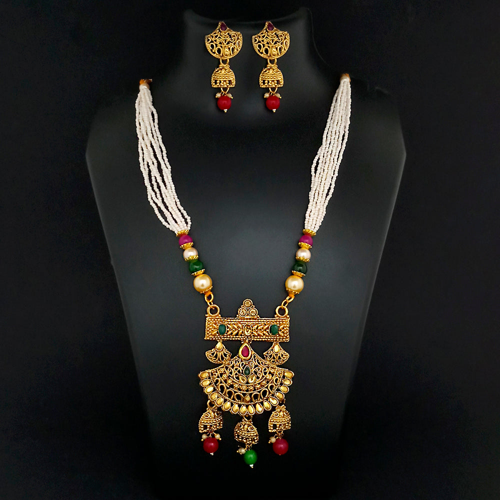 Kriaa Gold Plated Maroon And Green Stone And Pearl Long Haram Necklace Set