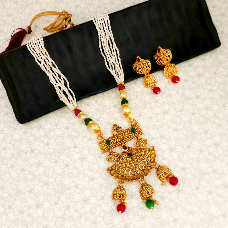 Kriaa Gold Plated Maroon And Green Stone And Pearl Long Haram Necklace Set