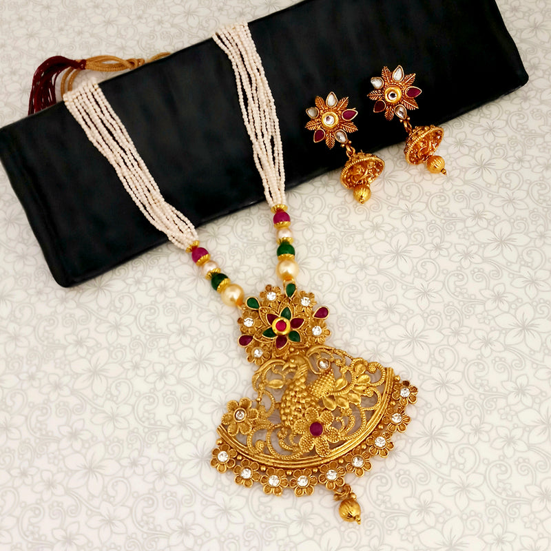 Kriaa Gold Plated Maroon And Green Stone And Pearl Long Haram Necklace Set