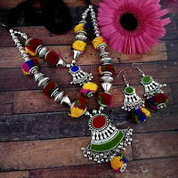 Jeweljunk Oxidised Plated Multicolor Two Layer Pom Pom  Necklace Set - 1114631