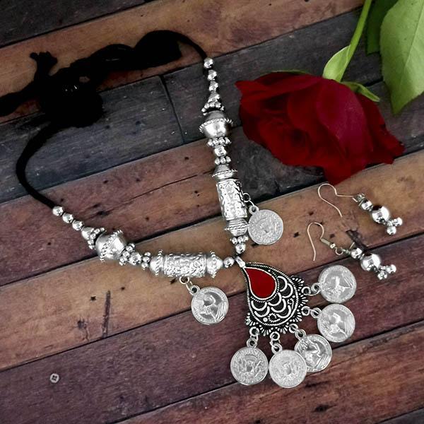 Jeweljunk Oxidised Plated Coins Necklace Set - 1114644C