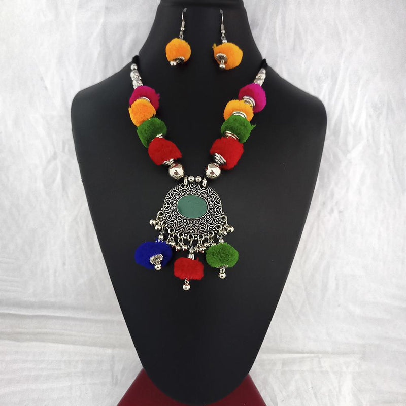 Jeweljunk Oxidised Plated Multicolor Two Layer Pom Pom Necklace Set  - 1114652