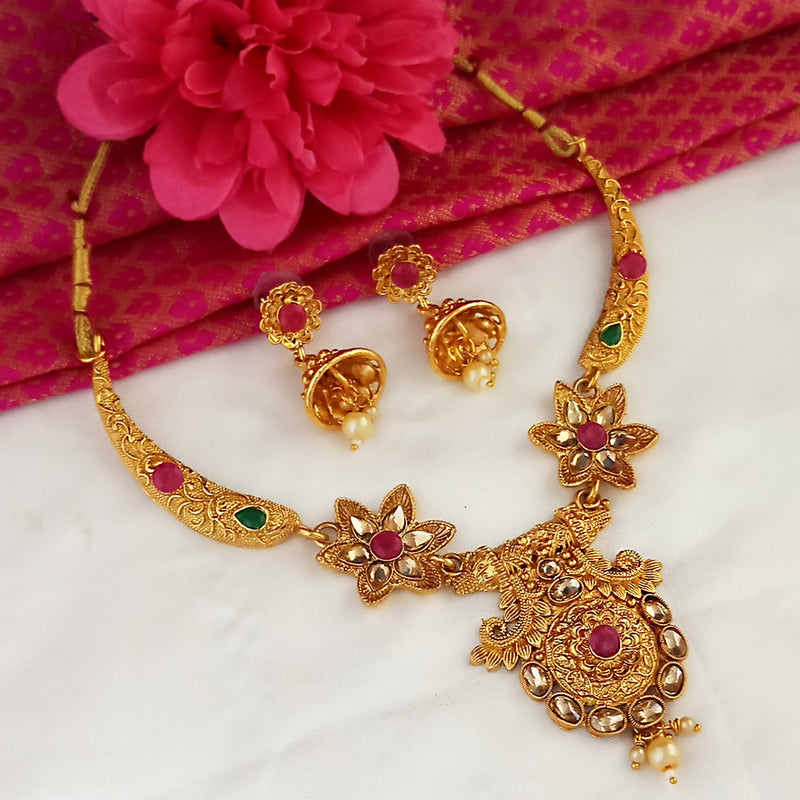 Kriaa Gold Plated Maroon And Green Stone Choker Necklace Set