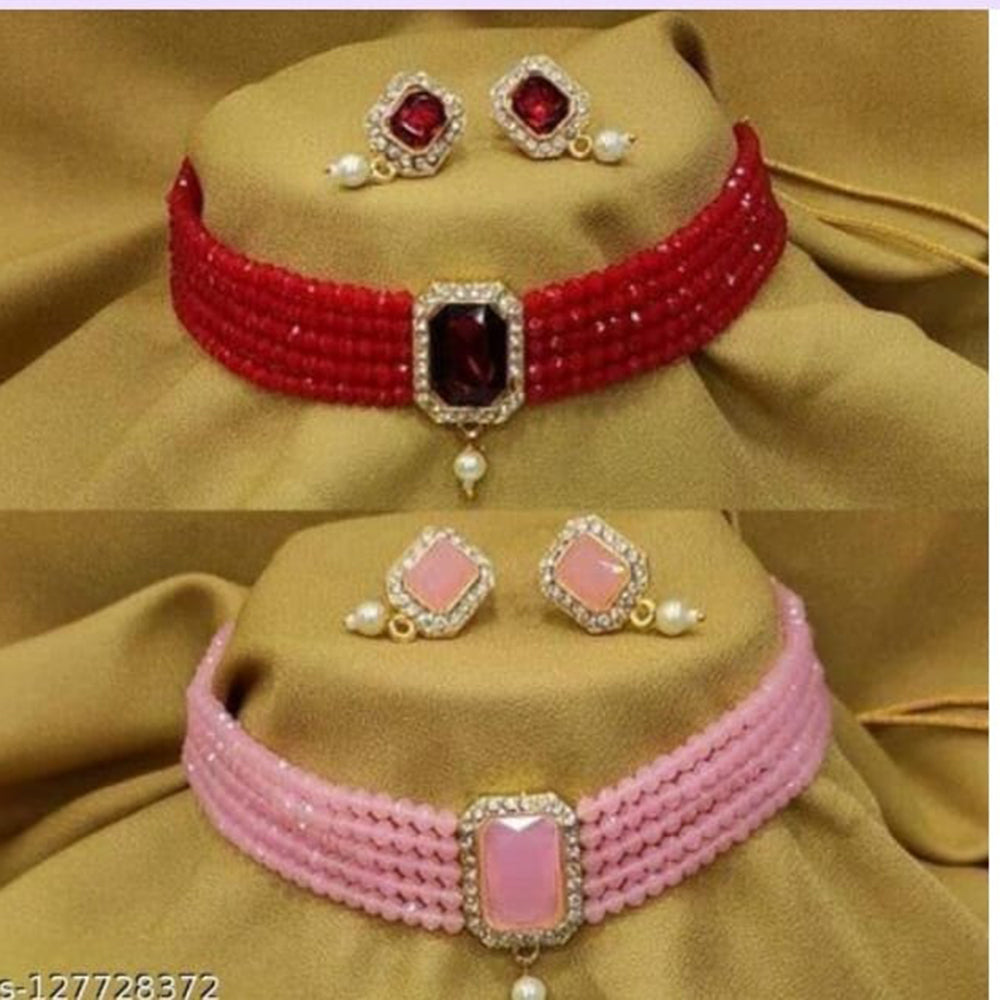 SNERA Gold Plated Pack Of 2 Austrian Stone & Beads Necklace Set