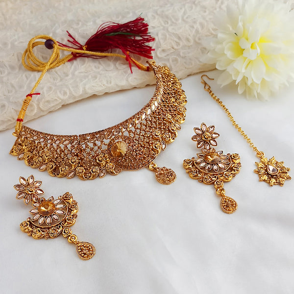 Kumavat Jewels Traditional ChokerGold Plated Necklace Set with Maang Tikka