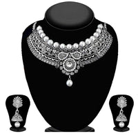 Kriaa Silver Plated Austrian Stone And Kundan Oxidised Choker Necklace Set - 1115304