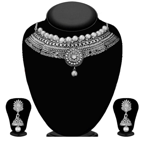 Kriaa Silver Plated Austrian Stone And Kundan Oxidised Choker Necklace Set - 1115305