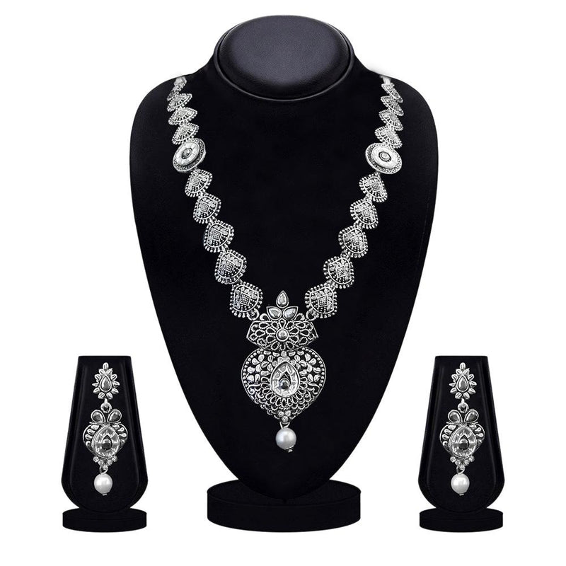 Kriaa Oxidised Plated White Austrian Stone Long Necklace Set - 1115313