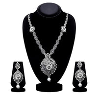 Kriaa Oxidised Plated White Austrian Stone Long Necklace Set - 1115315