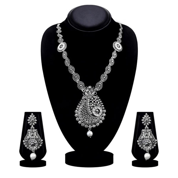 Kriaa Oxidised Plated White Austrian Stone Long Necklace Set - 1115317