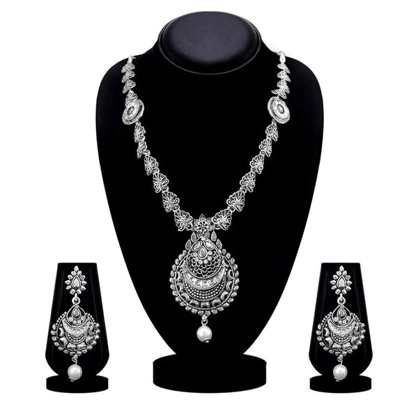 Kriaa Oxidised Plated White Austrian Stone Long Necklace Set - 1115318