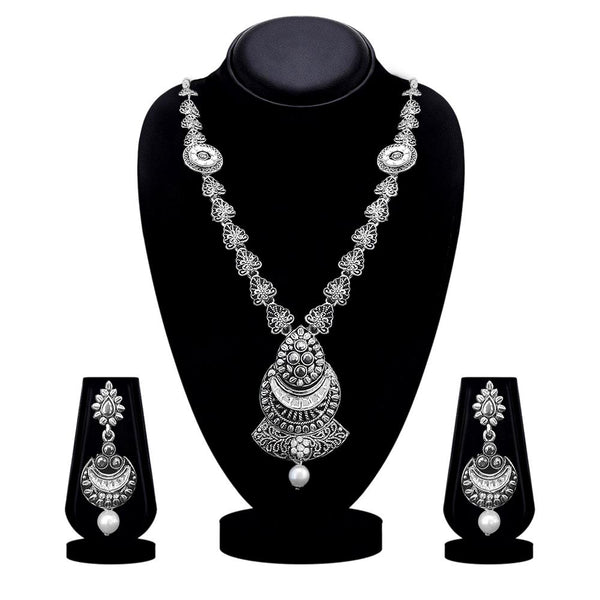 Kriaa Oxidised Plated White Austrian Stone Long Necklace Set - 1115319