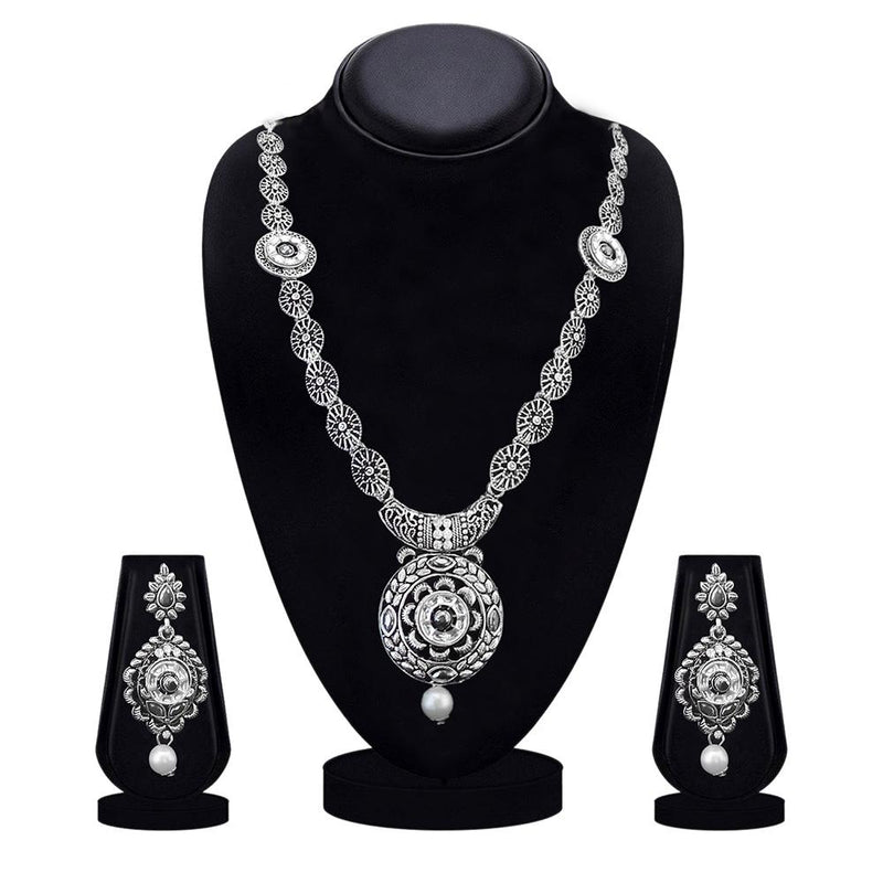 Kriaa Oxidised Plated White Austrian Stone Long Necklace Set - 1115321