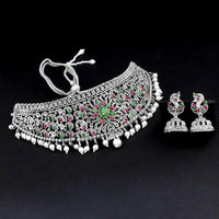 Tisha Oxidised Plated Pink & Green Pota Stone Choker Necklace Set - 1115343