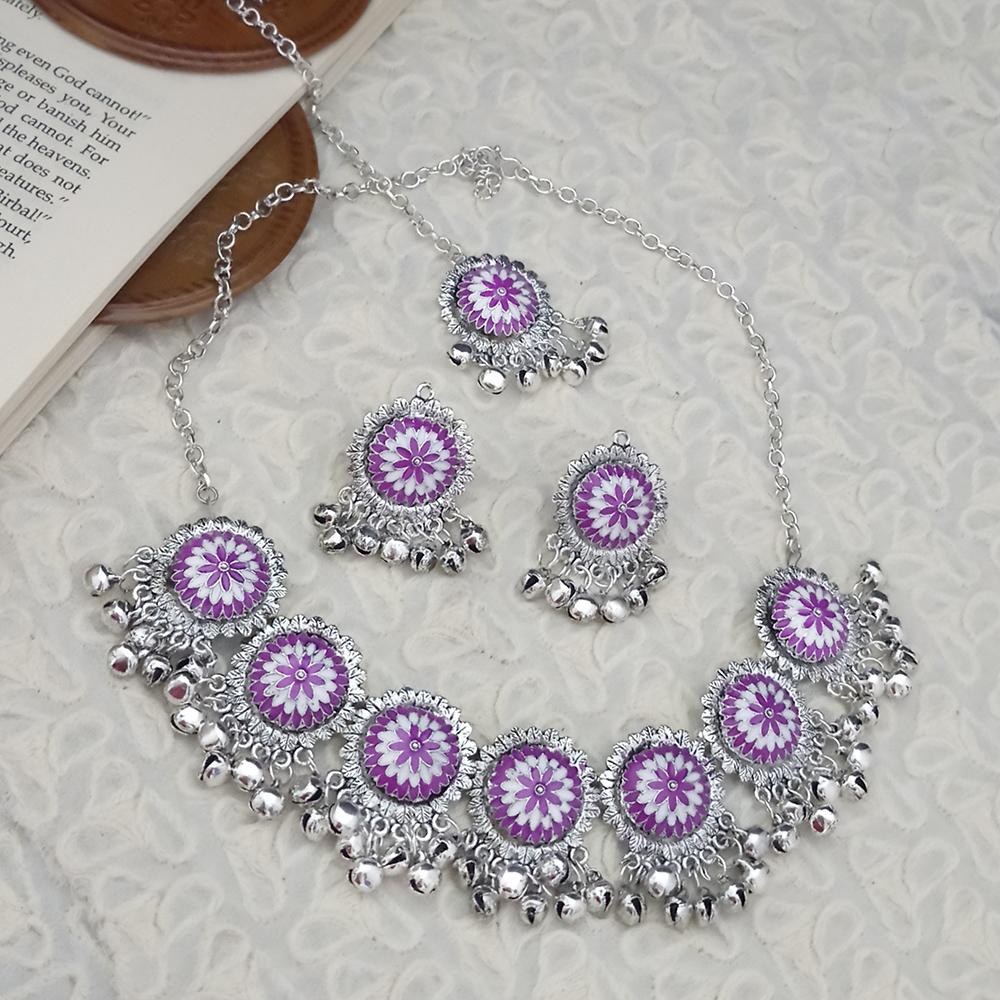 Kriaa Oxidised Plated Purple Meenakari Necklace Set With Maang Tikka - 1115346C