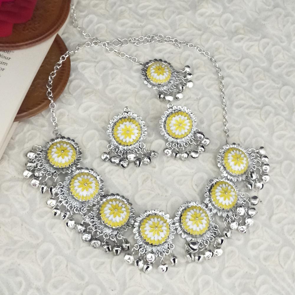 Kriaa Oxidised Plated Yellow Meenakari Necklace Set With Maang Tikka - 1115346E