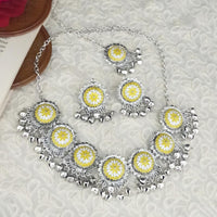 Kriaa Oxidised Plated Yellow Meenakari Necklace Set With Maang Tikka - 1115346E