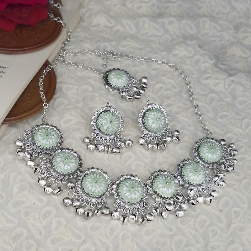 Kriaa Oxidised Plated Light Green Meenakari Necklace Set With Maang Tikka - 1115346H