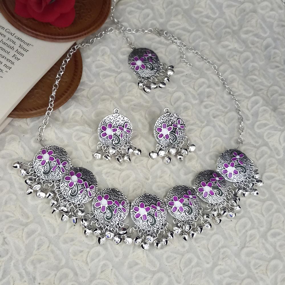 Kriaa Oxidised Plated Purple Meenakari Necklace Set With Maang Tikka - 1115347C