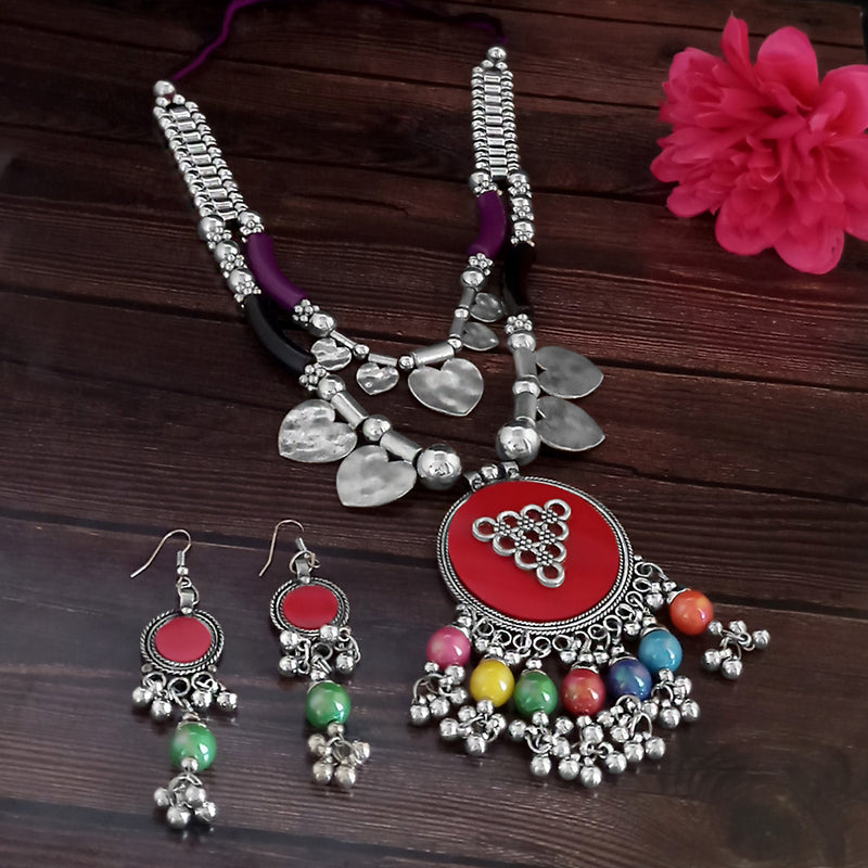Jeweljunk Navratri Special Oxidised Plated Multicolour Two Layer Necklace set