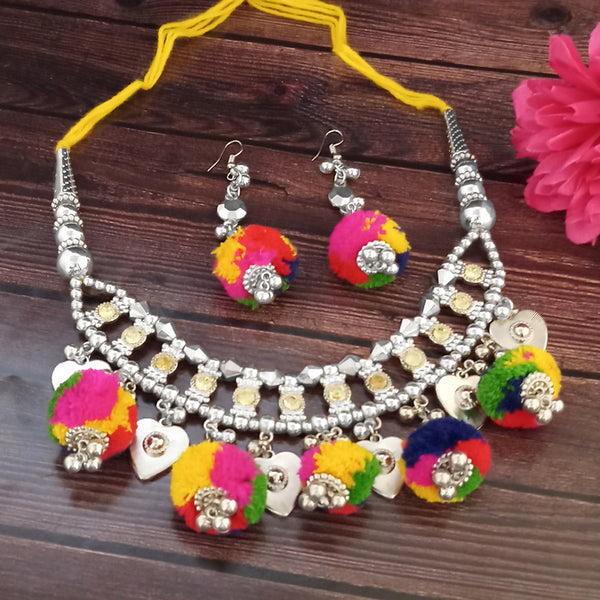 Jeweljunk Navratri Special Oxidised Plated Multicolour Pom Pom Necklace set