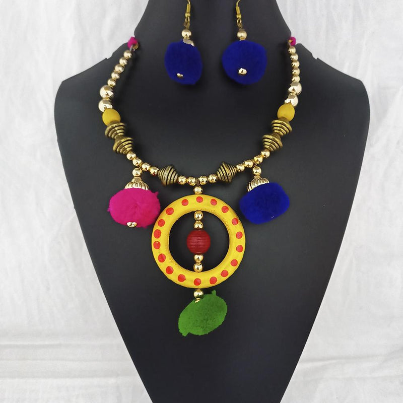 Jeweljunk Gold Plated Multicolor Pom Pom Necklace Set  - 1115665