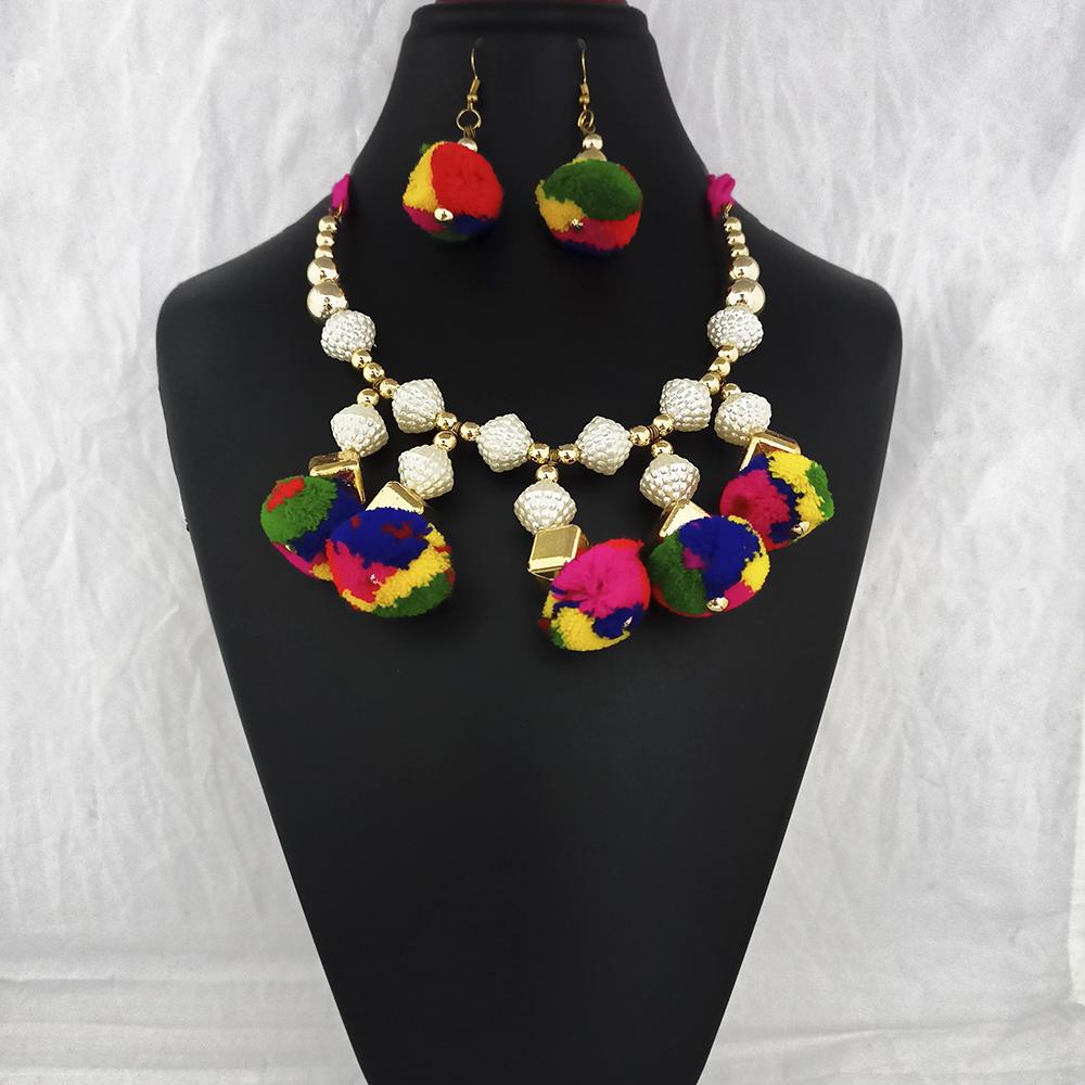 Jeweljunk Gold Plated Multicolor Pom Pom Necklace Set  - 1115666