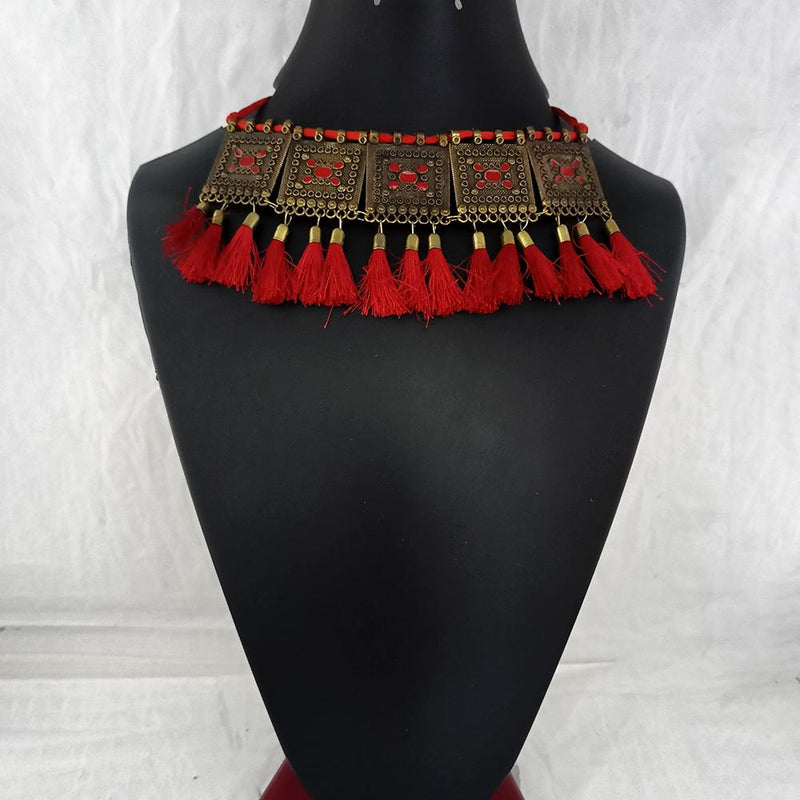 Jeweljunk Oxidised Plated Red Meenakari And Thread Necklace  - 1115670B
