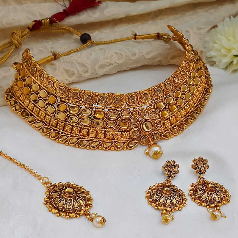 Kumavat Jewels Traditional Choker with Maang Tikka Gold Plated Necklace Set